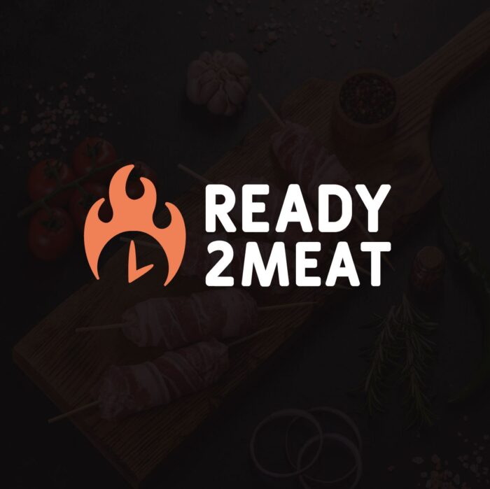 зображення містить напис Ready2meat білим кольором, поруч поєднані значок полум'я і годинник.