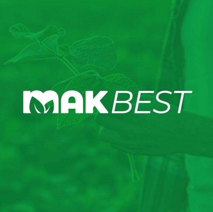 На фото дизайн логотипа Makbest. Він розроблений на зеленому фоні білими буквами. Перша частина слова виділина жирним, друга частина - курсив.
