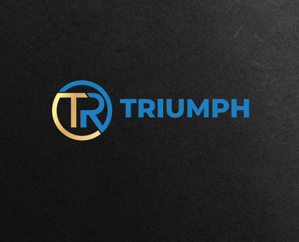 На фото зображений графітовий фон та золотисто-синє лого компанії Тріумф із монограмою із літер Т та Р